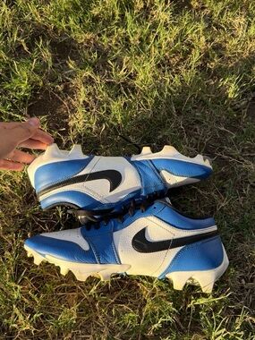 Nike White and Blue football Jordan 1 low Cleats with Black Swoosh